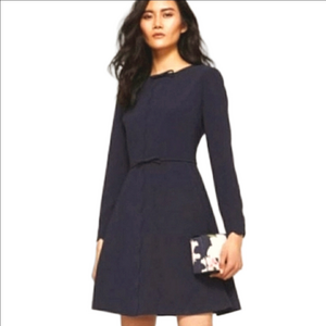 Ted Baker Navy Long-Sleeve A-Line Dress Scallop Trim & Bow Detail W/ Pockets NWT